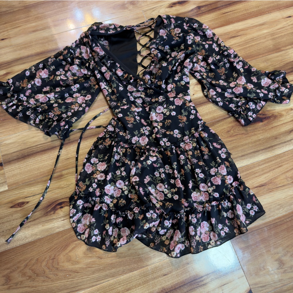 Floral Black & Pink Lace-Up Dress